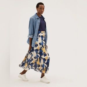 M&S Collection- Printed Pleated Midaxi Skirt, Size: US8/UK12